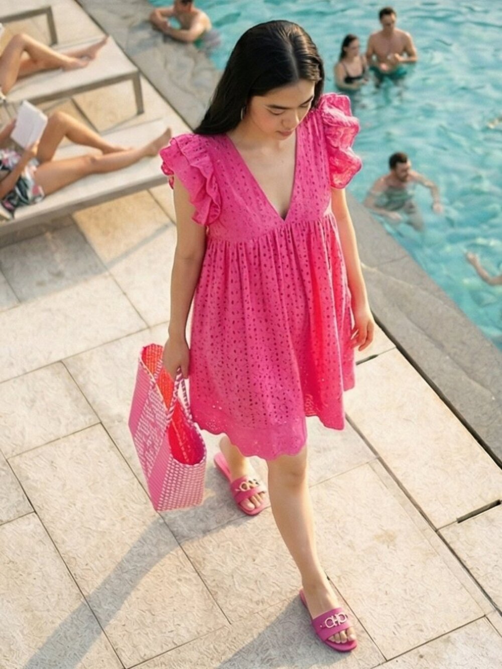Pink Eyelet Embroidered Babydoll Dress With Built-In Shorts - Picture 6 of 7